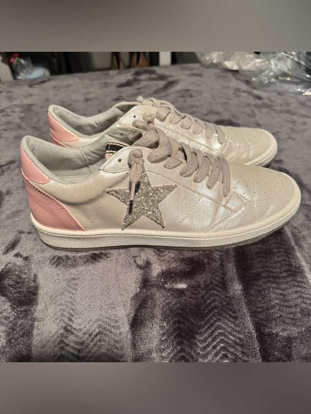 ShuShop - Paz Metallic Cream Sneaker with Pink Heel and Silver Glitter Star - 10